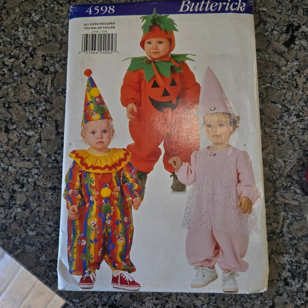 Vintage Butterick 4598 Infants Costume Sewing Pattern Pumpkin Clown Fairy S-XL